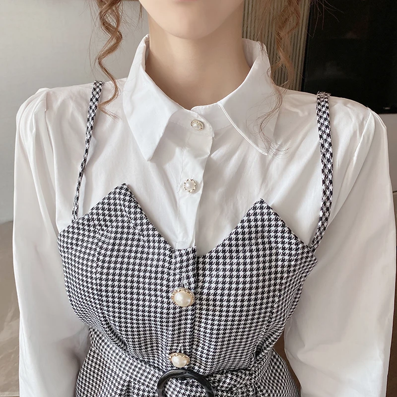 

Fake Two Pieces Long Sleeve Patchwork Plaid Blouse Button Design Belt Elegant Shirts Female Korean Fashion Tops Women Spring