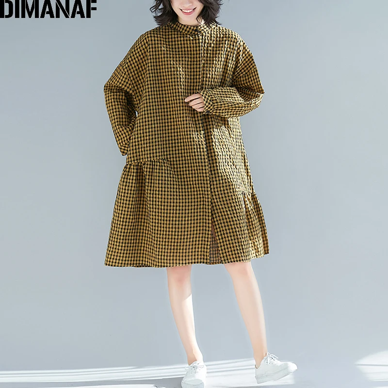 Женская рубашка с длинным рукавом DIMANAF хлопковая льняная блузка в клетку