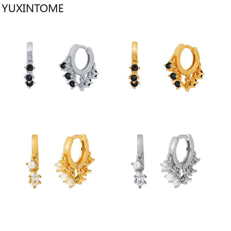 

European and American Fashion 925 Sterling Silver Ear Buckle CZ Hoop Earrings for Women White/black Color Zircon Earring