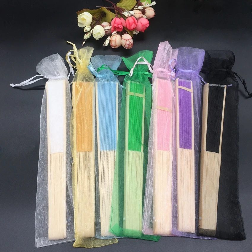50pcs/lot Personalized Bride& Groom's Name& Date Silk Wedding Folding Hand Fan with Organza Gift Bags / Box Customized Print
