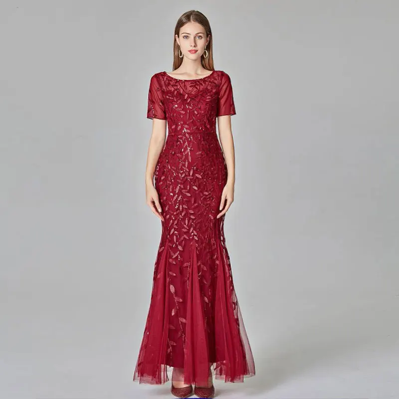 Burgundy Модное Тюлевое платье подружки невесты с круглым вырезом и аппликацией,, короткий рукав, длина до пола, простое бордовое свадебное платье - Цвет: Burgundy
