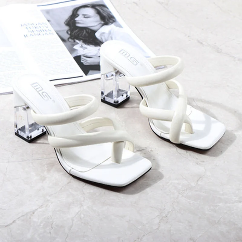 

Summer Sandals 2021 Crystal Squre Heel Fashion Women Slides Big Slip on Sandals Woman Outside Beach Designer Shoes