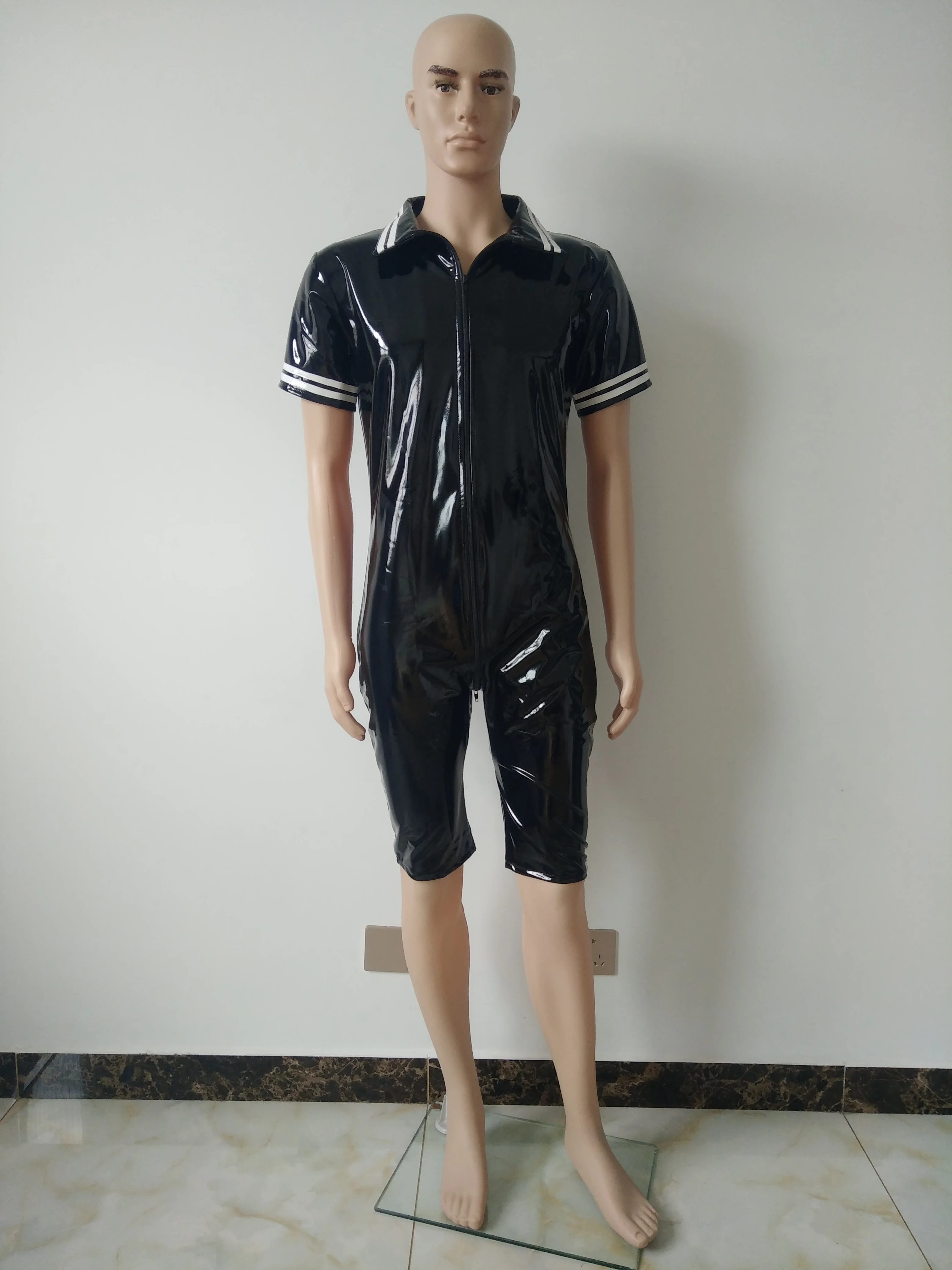 Женское сексуальное боди с белыми полосками из искусственной кожи мокрым