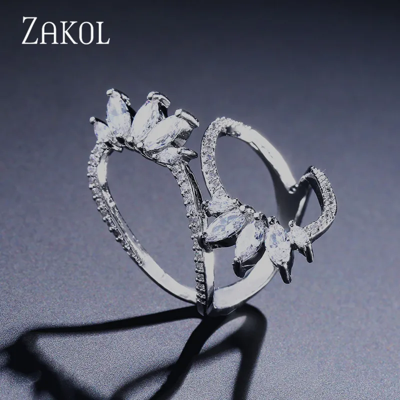 ZAKOL, милые, стильные, белые, циркониевые, открытые кольца, геометрическое, регулируемое кольцо, ювелирные изделия для женщин, вечерние, подарок, FSRP2015