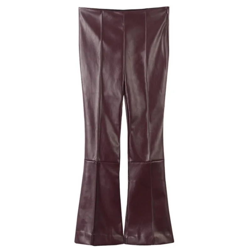 

High Quality Sheepskin Genuine Leather Pants Women Zipper Elastic High Waist Flare Pants Autumn Office Ladies Wine Red Trousers