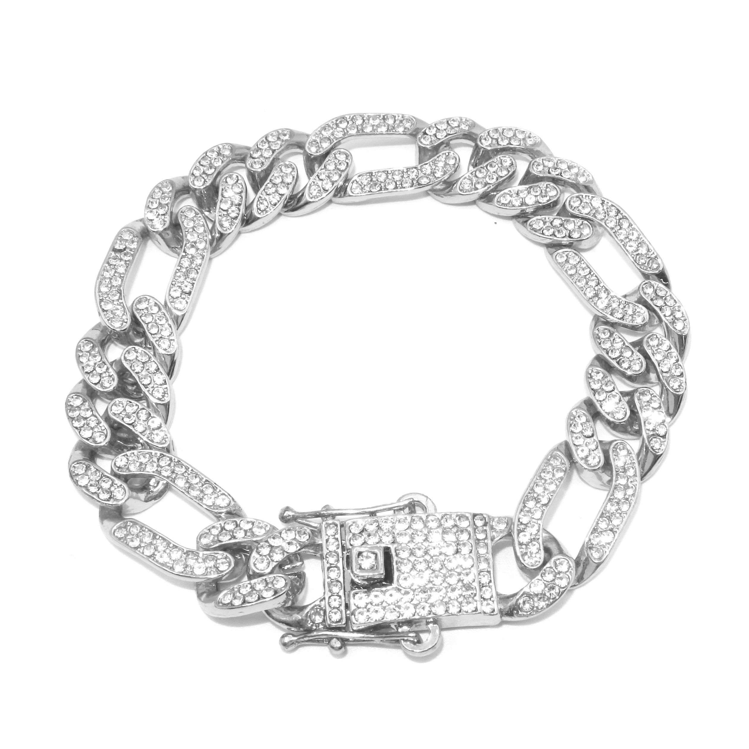 

Silver Color Bracelet Hip Hop Miami Curb Cuban Chain Iced Out Paved Rhinestones CZ Bling Rapper For Men Women Jewelry