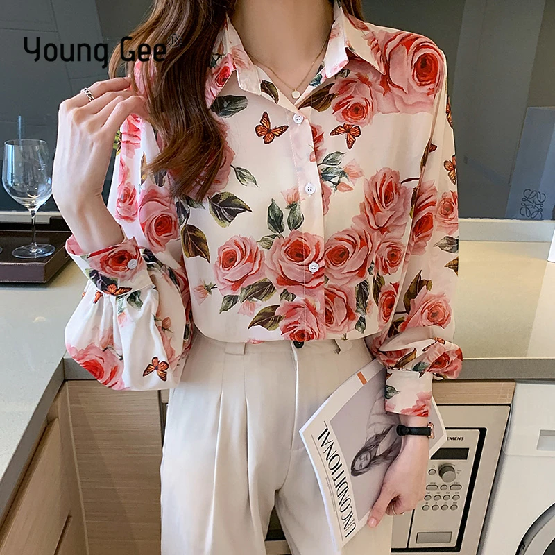 

Young Gee Spring Autumn Elegant Fashion Rose Flower Print Long Sleeve Shirts Women Office Casual All-match Blouses Feminine Top