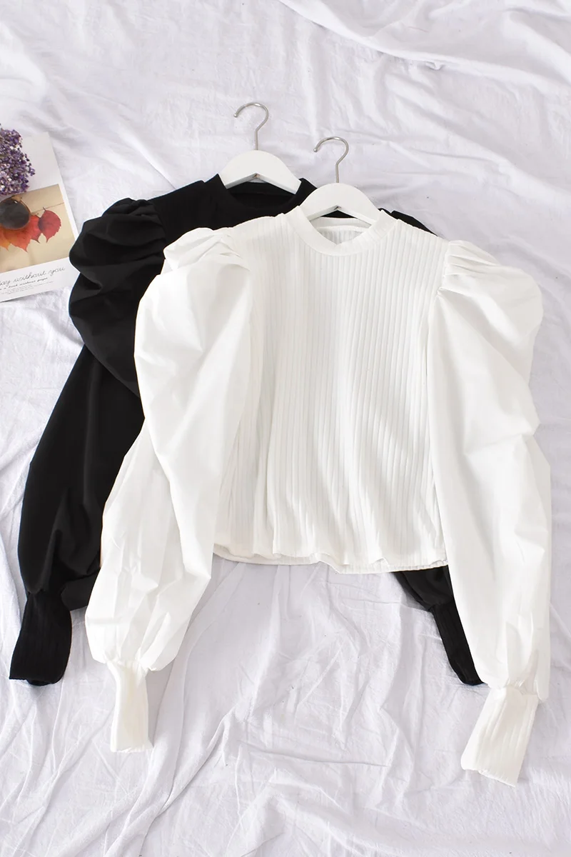 

New 2020 Women Vintage Blouse Spring Autumn Puff Sleeved Patchwork Harajuku Shirt Ladies Elegant Korean Short Tops