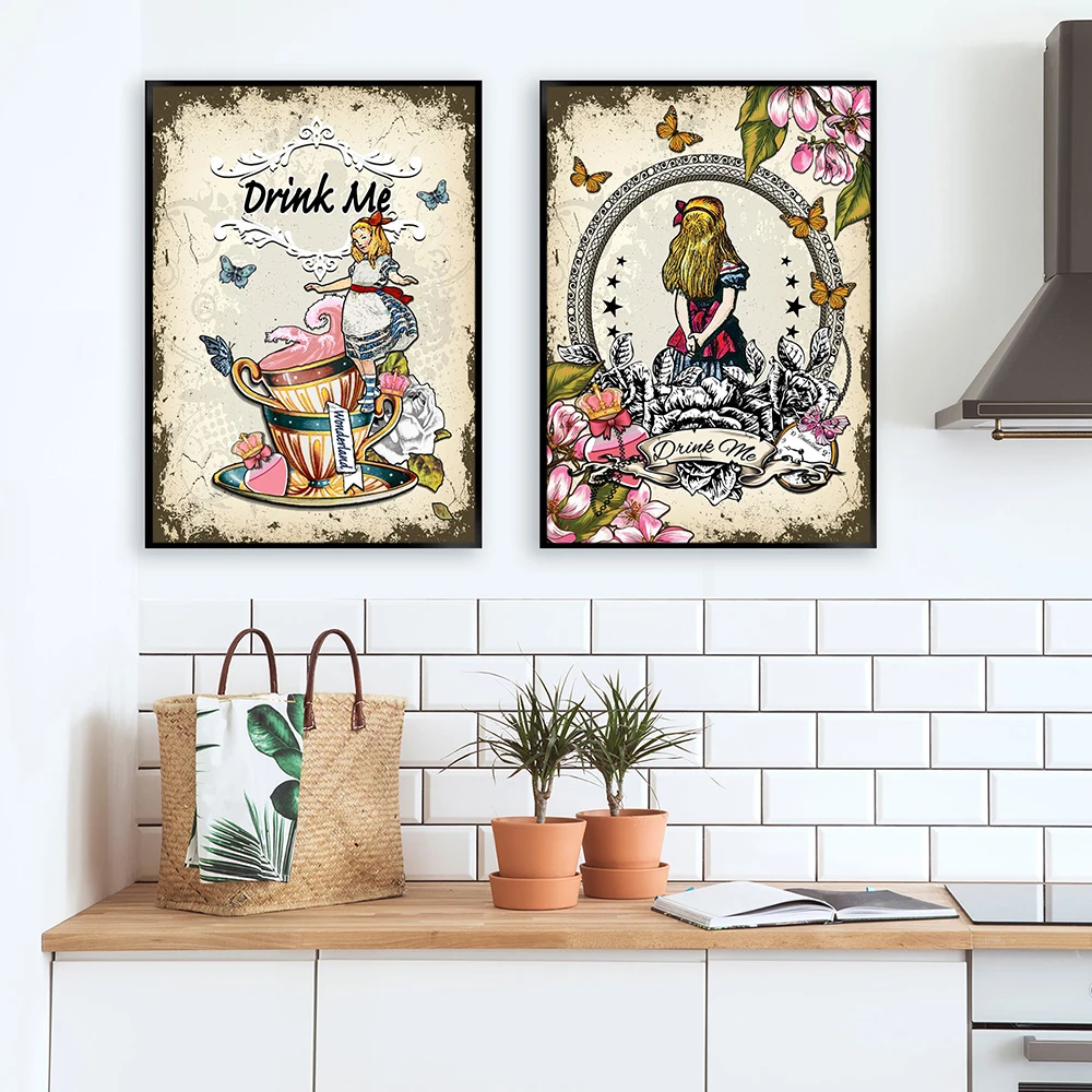 

Vintage Girl Canvas Painting Alice In Wonderland Poster Eat Drink Me Quote Art Print Kitchen Wall Picture Living Room Home Decor
