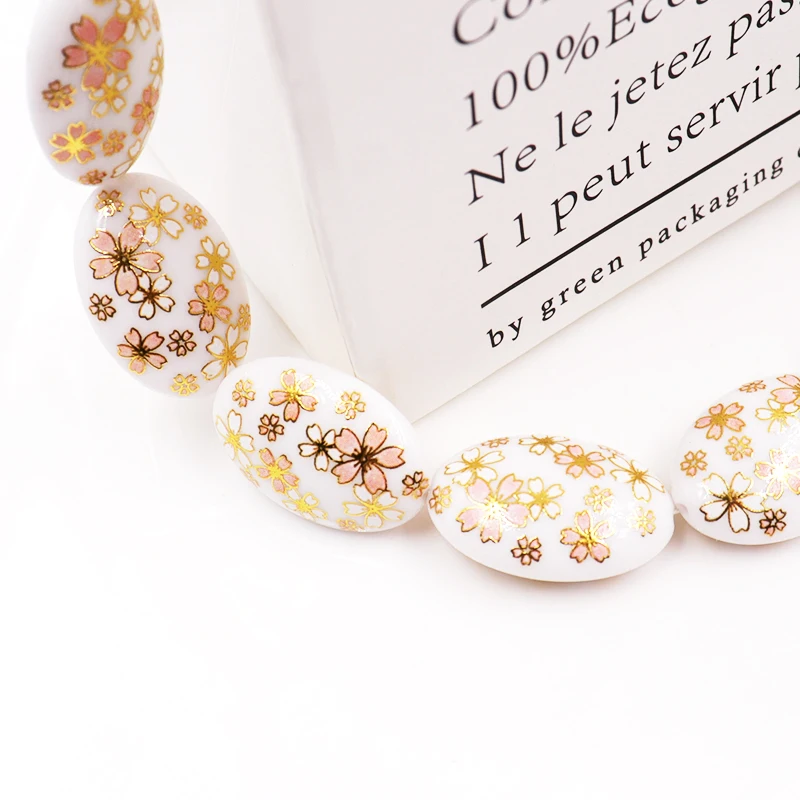

White Japanese Painting Retro Japanese Painting Beads Oval Bottom Cherry Blossom Pattern 20x29mm 5 pieces / batch