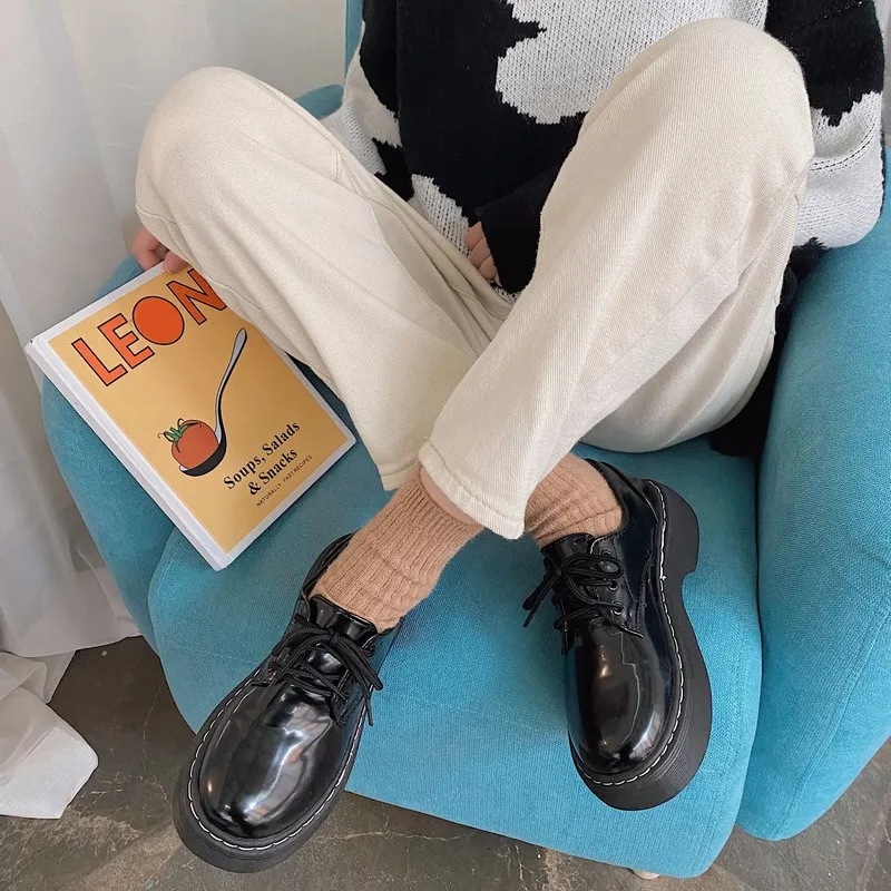 

OIMG New Autumn Women's Shoes Solid Color Leather Oxford Shoes Women's Lace-up Shoes Platform Flat Shoes Casual Shoes