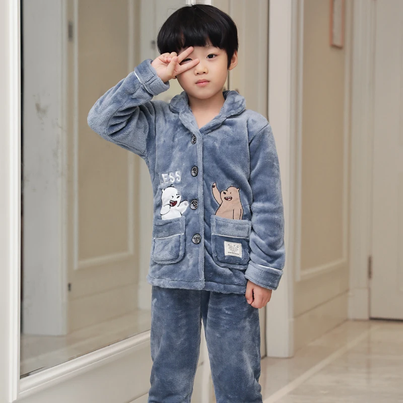 Infantil/детская одежда; зимние пижамные комплекты; утепленная Пижама; Комплект для малышей; повседневная детская фланелевая одежда для сна с отложным воротником; Подростковая Пижама