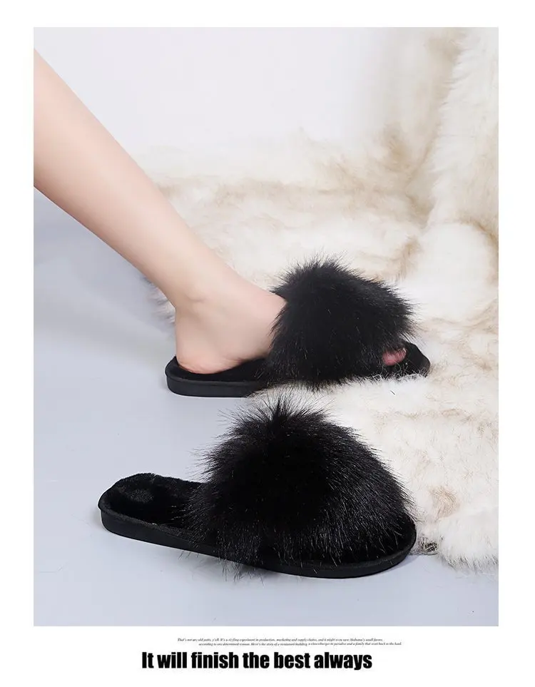 

Winter New Women Furry House Slippers Warm Faux Fur Flat Bedroom Ladies Shoes Slip-on Indoor Slides Woman Fur Slippers