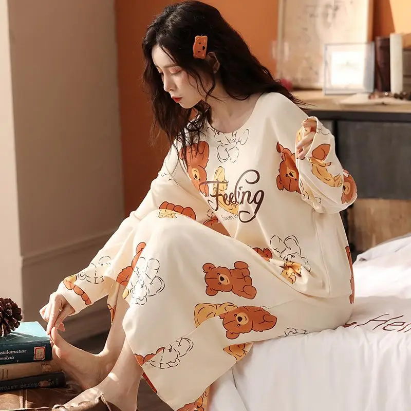 

Casual Korean Fashion Women Mid-Length Nightdress Female Spring and Autumn Round Neck Long-Sleeved Sweet Strawberry Nightdress