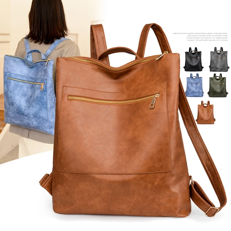

Women Leather Rucksack Handbag Zipper Closure Large Capacity Shoulder Bag Adjustable Strap Outdoor Travel Backpack Satchel