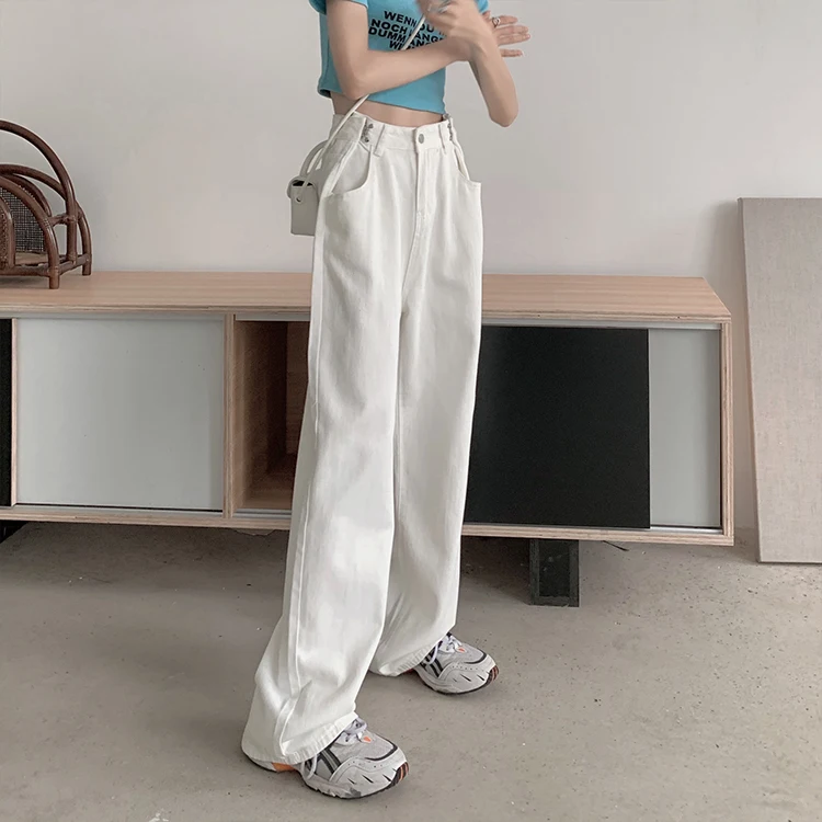 

Straight Wide Leg Capris Pink White Korean Vintage Clothes Women'S High Waist Trousers Fashion Jeans Pants For Girls Streetwear