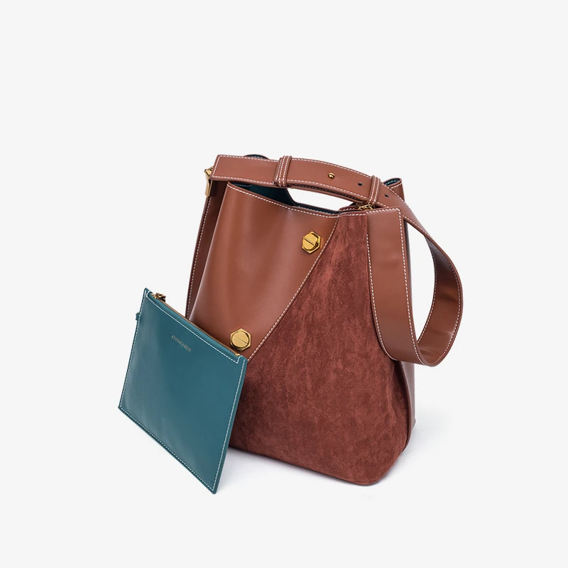 

FIRMRANCH handbags 2021 new retro PU stitching nubuck leather bucket bag wide shoulder strap large capacity tote shoulder bag