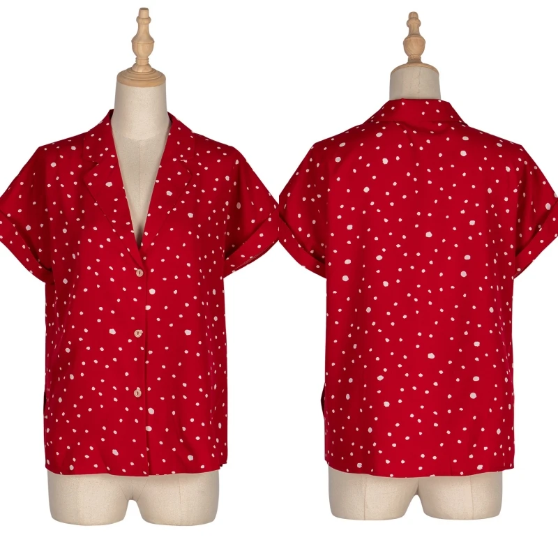 Женская шифоновая блузка в горошек с коротким рукавом и V образным