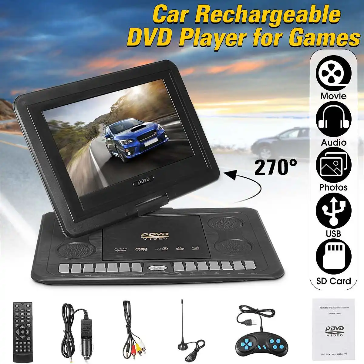 270 Вращение 13,8 дюймов портативный HD tv домашний автомобильный dvd-плеер VCD CD MP3 MP4 перезаряжаемый автомобильный dvd-плеер мультимедийный игровой плеер