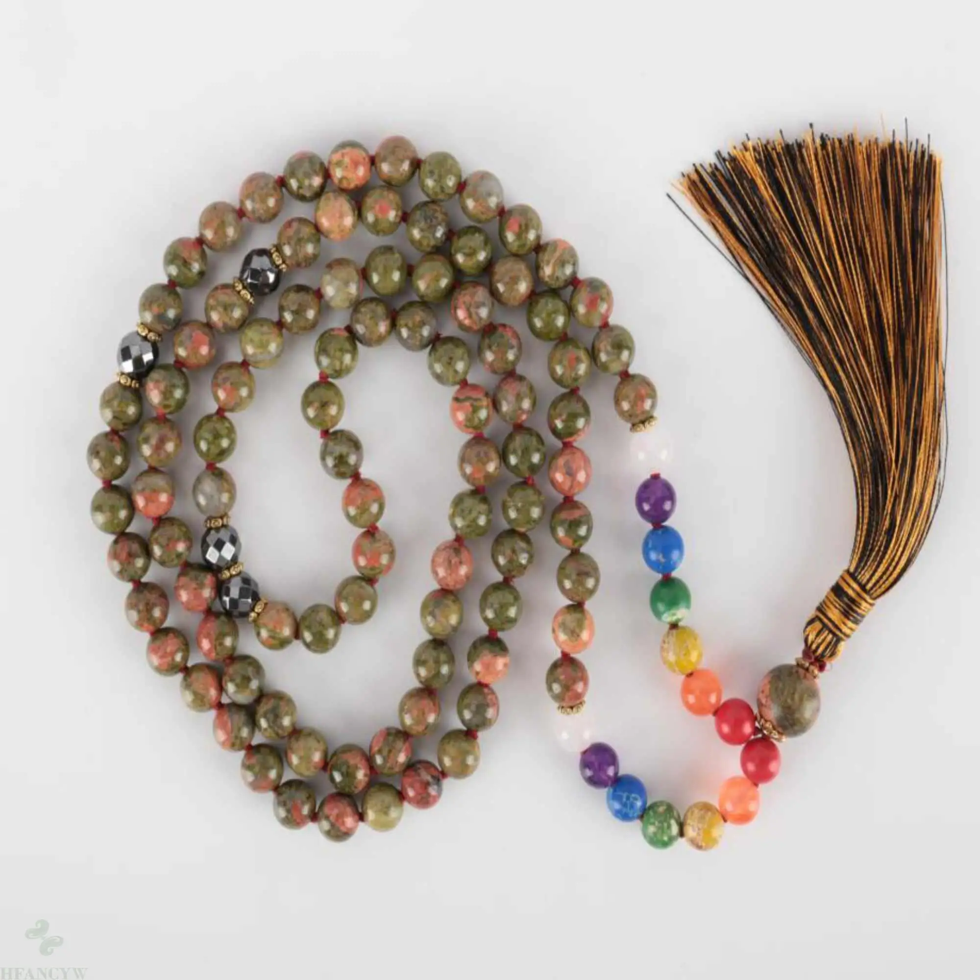 

8mm 108 Natural 7 Chakras Flowers green jade knot necklace