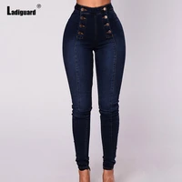 ladiguard high cut women fashion jeans skinny denim pencil pants sexy push up trouser girls streetwear dark blue demin wear 2021