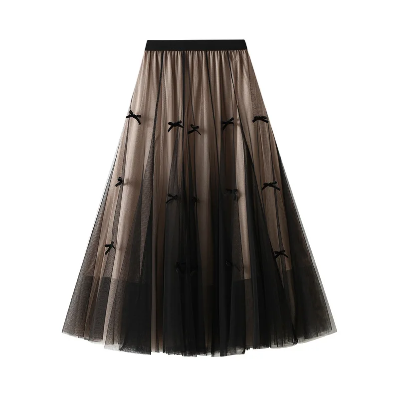 

SHUCHAN Bow Lolita Style Voile Faldas Mujer Moda 2021 Women Clothes Mid-Calf Empire Mujer Faldas Skirts for Women