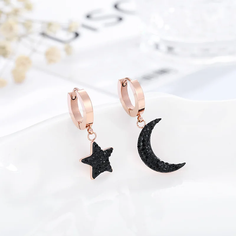 The Stars of Moon Stud Earrings Titanium Stainless Steel Inlaid Zircon Rose Gold Fashion Trendy Women Jewelry Gift | Украшения и