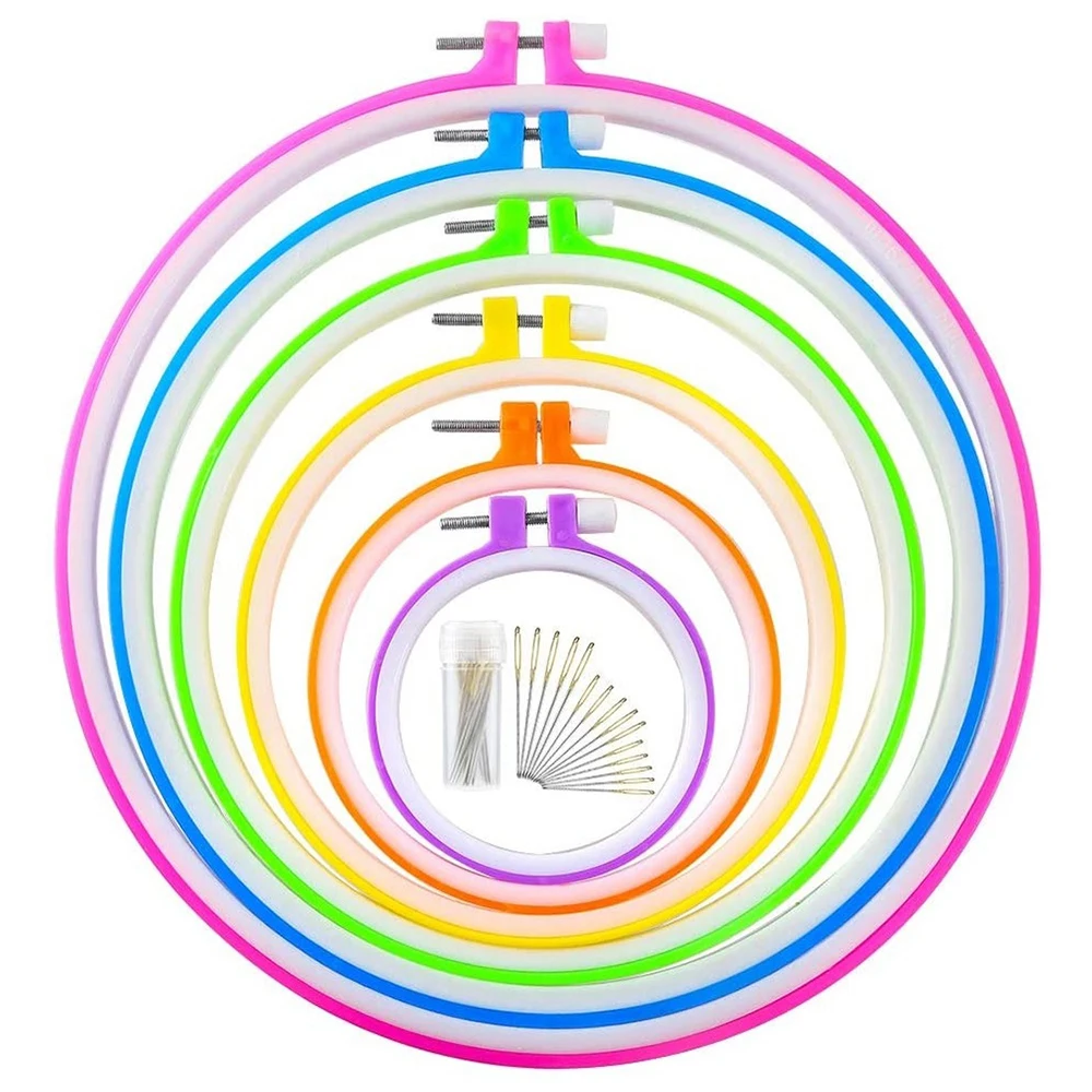 

6 Pieces 8.6cm-26cm Embroidery Hoops and 15 Needles Plastic Circle Cross Stitch Hoop Ring Embroidery Circle Set(Multicolor)