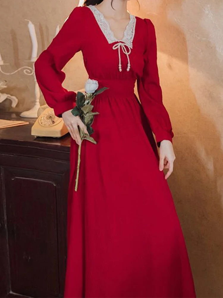 

Women's Spring Autumn Chiffon Dress Women's V-neck Lace Up Long Sleeve Solid Color Lace Korean Elegant Dress SS3609