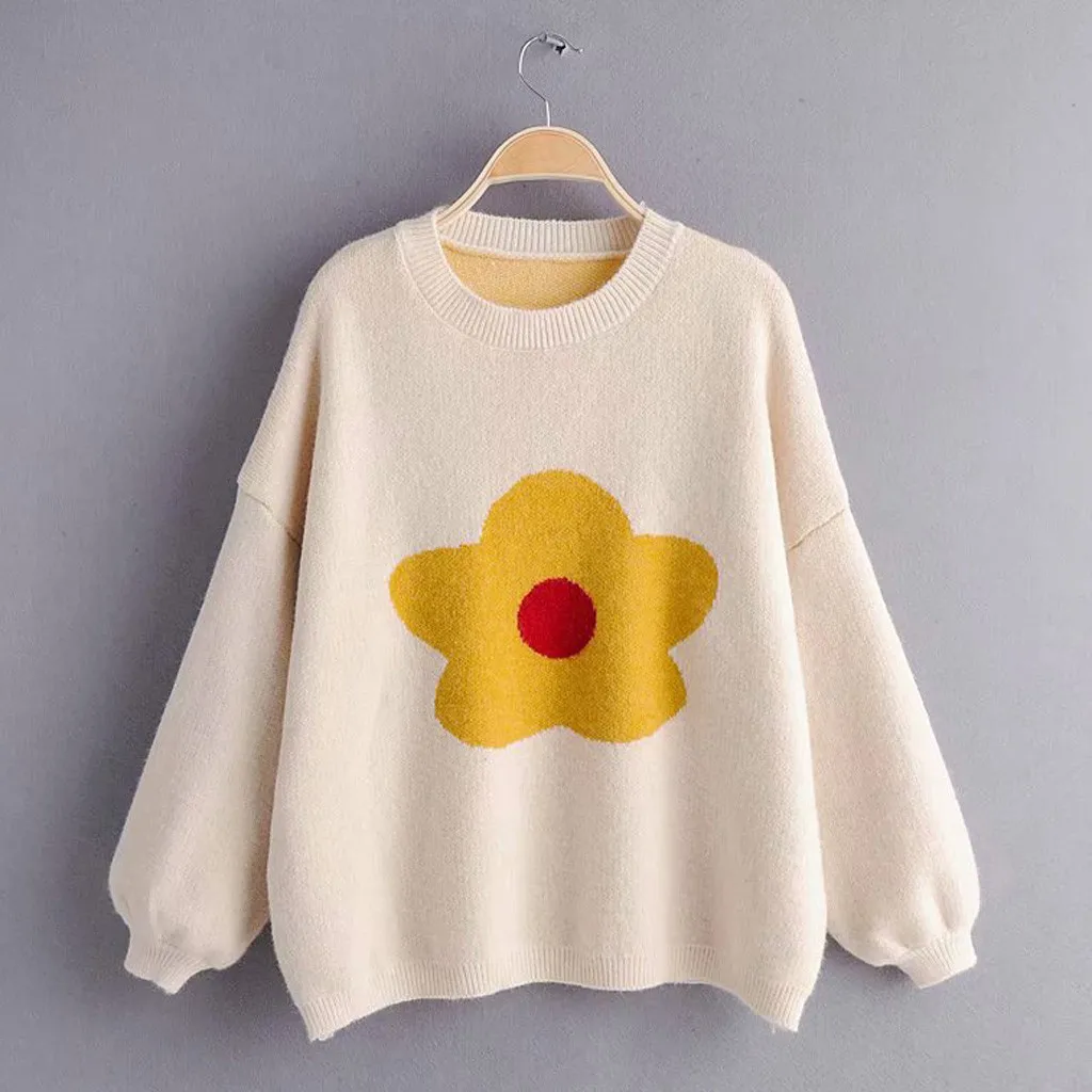 Female O-neck Casual Sweater cartoon flower print lantern sleeve loose Pullovers candy color blouse women Cashmere coat | Женская одежда