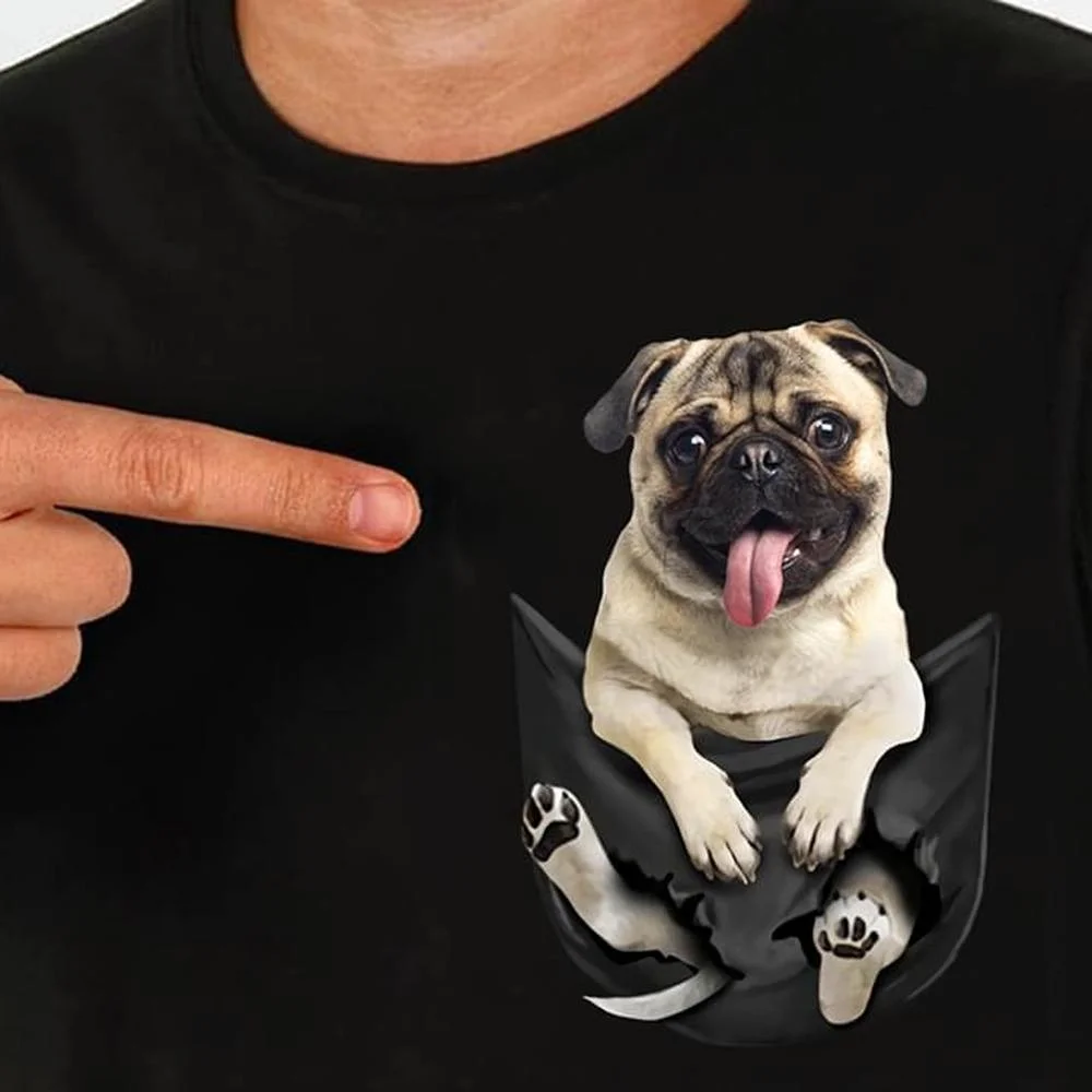 CLOOCL 100% Cotton Pocket T-Shirt Summer Pug Puppy Printed T