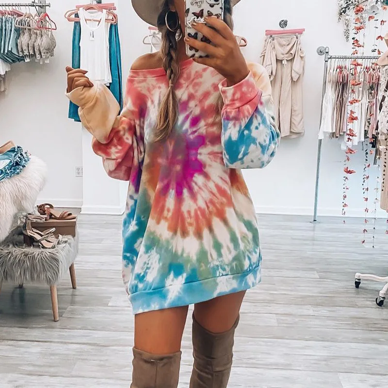 

2021 Womens Spiral Tie-dye Sweatshirt Autumn Winter Long Sleeve Loose Fit Hoodie Blouse Shirt Tops