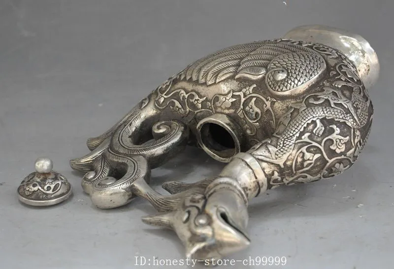 

christmas marked old chinese silver Dragon Phoenix statue Wine Pot Flagon Teapot Kettle halloween