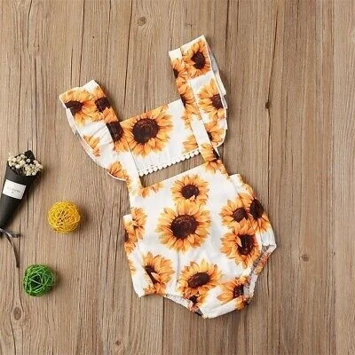 

Cute Newborn Kids Baby Girls Clothes Summer Sleeveless Romper Ruffle Sunflower Print Jumpsuit One-Piece Outfit Sunsuit Playsuit