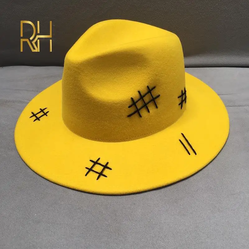 Новая модная желтая фетровая шляпа Woole с широкими полями повседневная черная