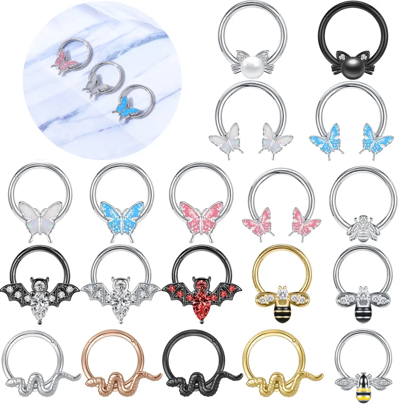 ZS 16G Pearl Cat Septum Ring Cute Butterfly Nose Piercing Ring Women Stainless Steel Nose Ring Bee Bat Helix Piercing Earring