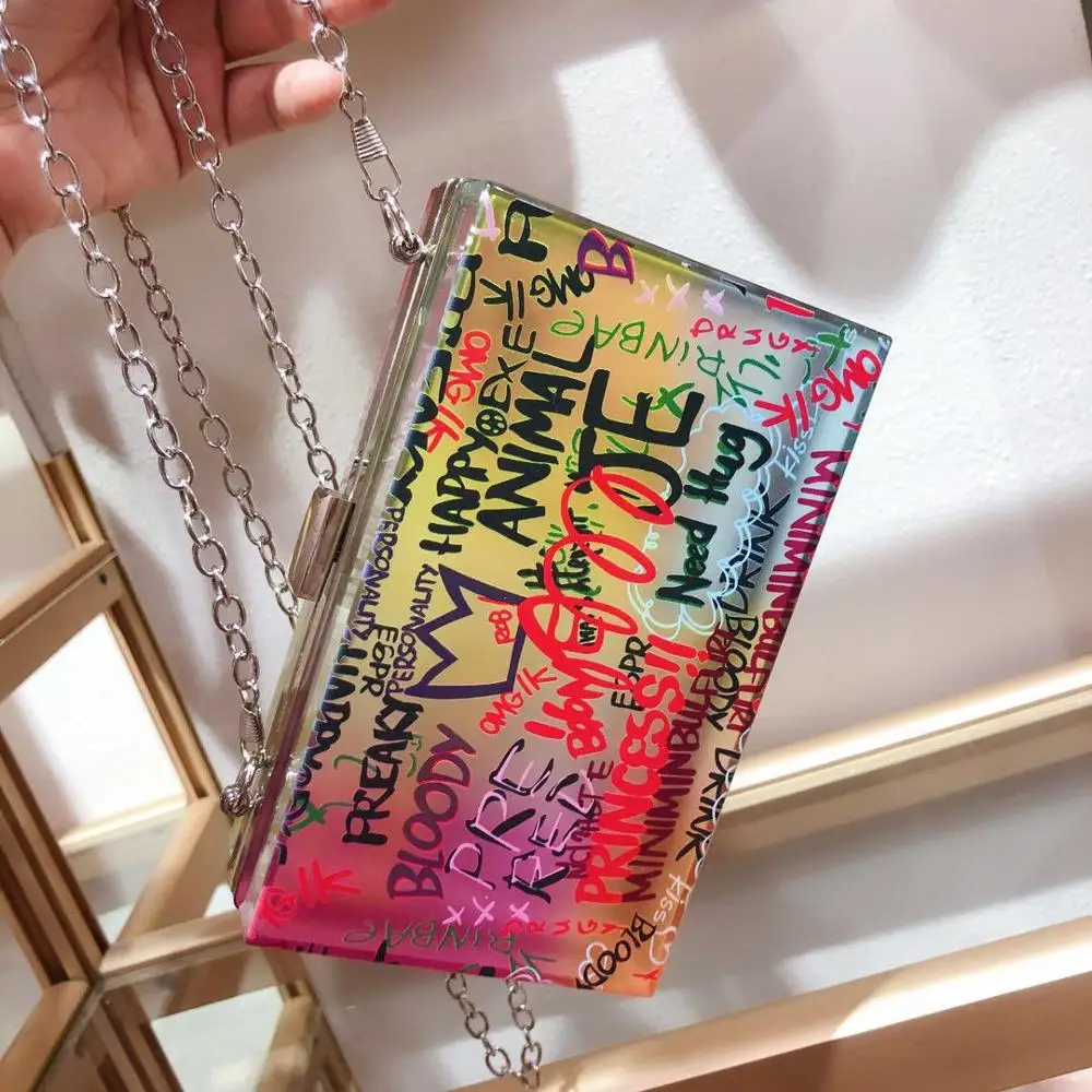 

fashion Graffiti box women shoulder bags designer chains crossbody bag luxury Transparent pvc evening clutch female party purses