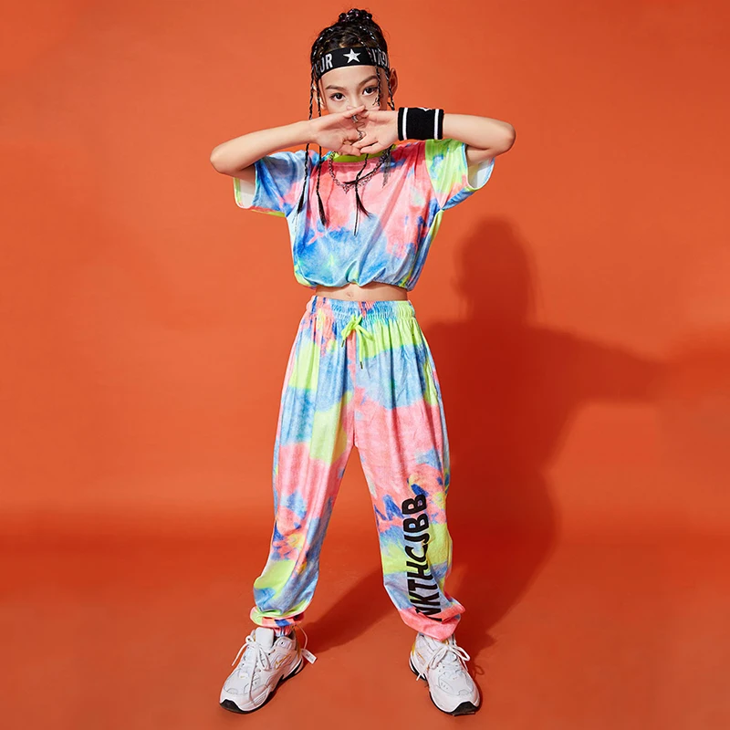 

Модный костюм для джазовых танцев разных цветов для девочек, одежда с принтом тай-дай, укороченные топы и брюки, одежда в стиле хип-хоп, Детск...