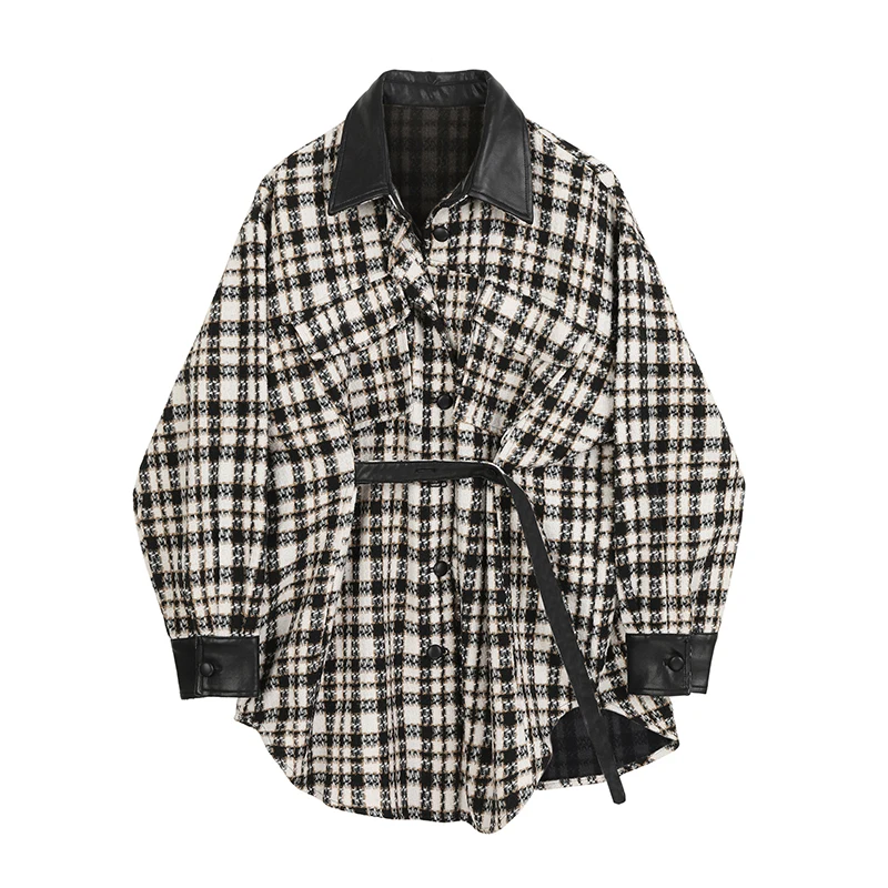 

Autumn Plaid Woolen Patchwork Women's Shirts Belt Long Sleeve Turn-Down Collar Single Breasted Female Shirt Casual Lady Clothes