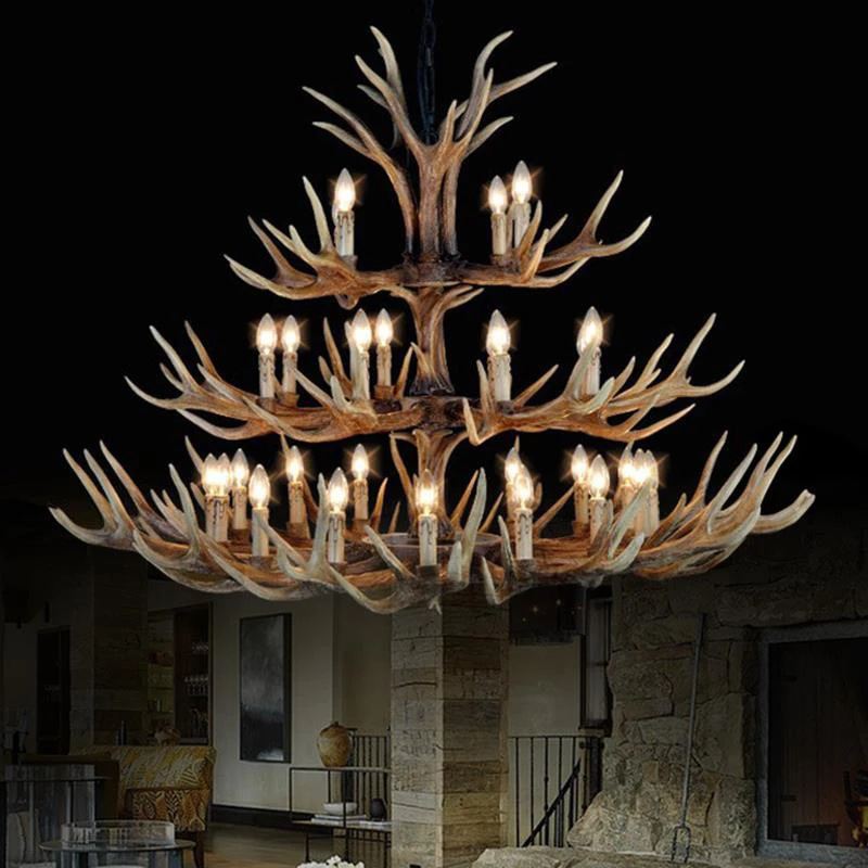 Candelabro de araña de resina Retro, lámpara de cuerno de ciervo, decoración del hogar, iluminación E14, 110-240V, No roto, paquete de pozo