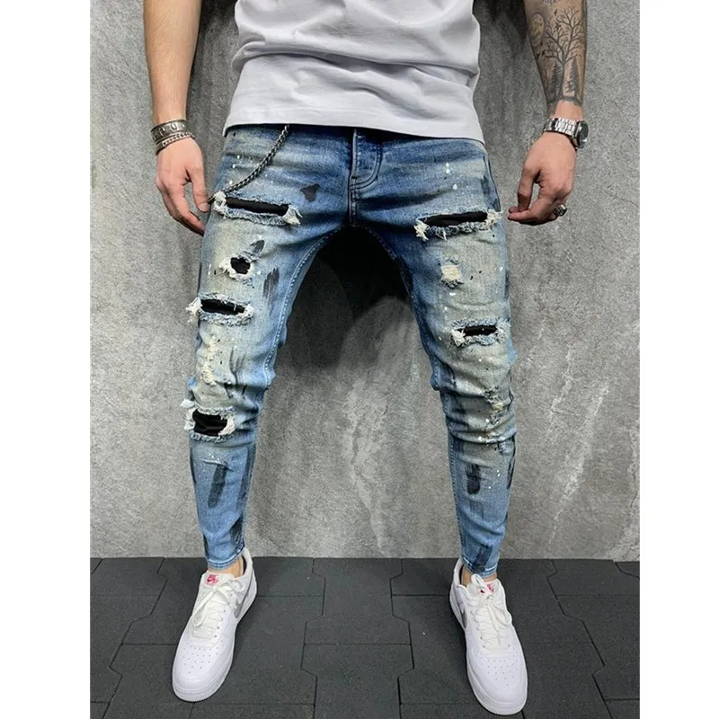 

2021Men's Ripped Skinny Jeans Punk Style Grid Stretch Casual Denim Pencil Pants Man Fashion paint painting Jogging Trousers male