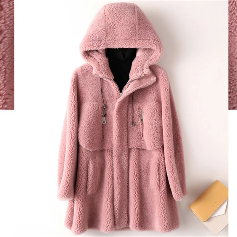 Женское меховое пальто средней длины новинка зима 2019 шерстяное с капюшоном