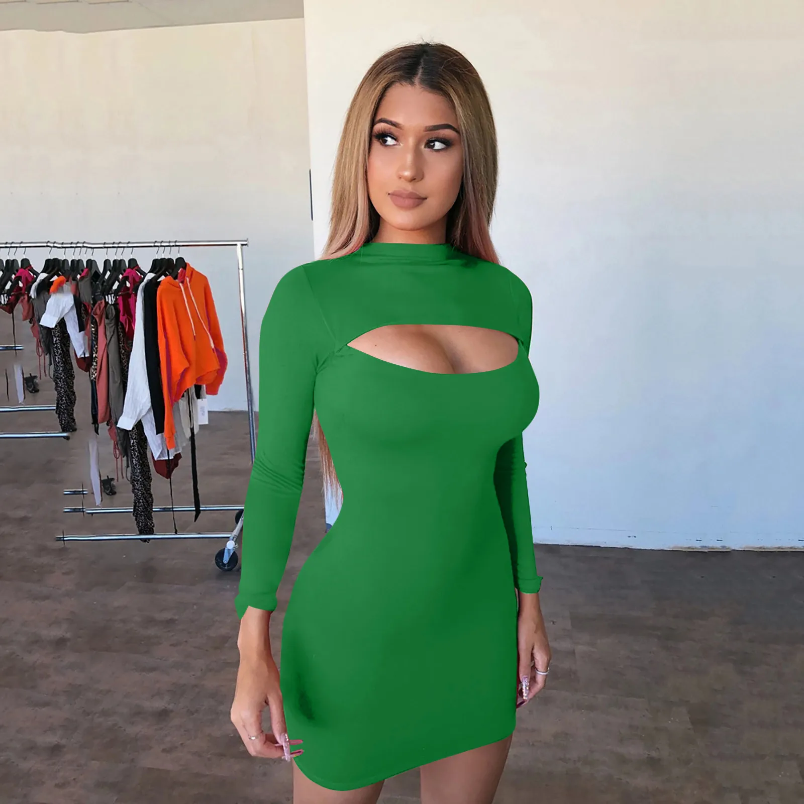 

Sexy & Club Dress Women's Spring And Summer Long Sleeve Open Chest Buttock Skirt Night Club Solid Party 2021 NEW