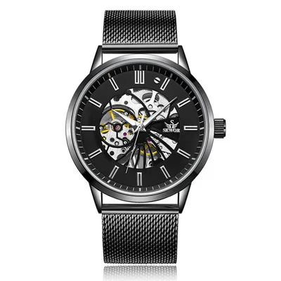 

Мужские модные автоматические механические часы с миланским сетчатым ремешком, деловые механические часы, прозрачные часы с полым дном