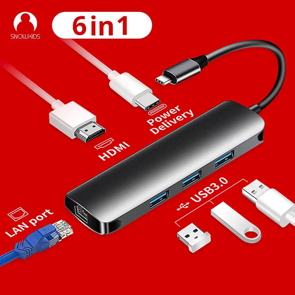 Док-адаптер USB C Type Hub к порту HDMI LAN USB3.1 PD Ethernet для Samsung Huawei MateBook 13Dell HP Asus Mi |