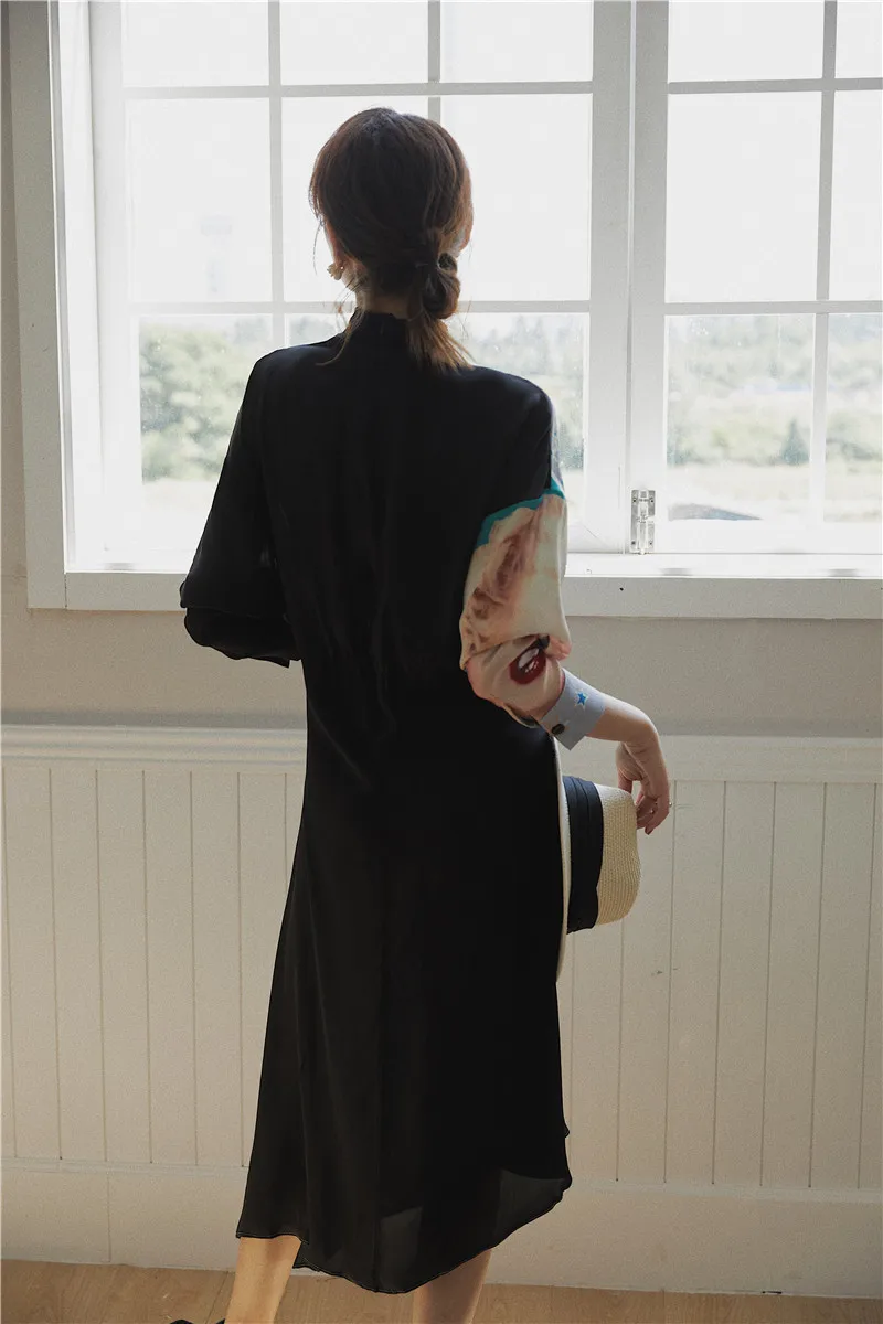 

XUXI Korea Autumn 2020 Women's Patchwork Women's Pattern Turtle Neck Pattern Designer Modest Robe Women Long Sleeve Robe FZ0978