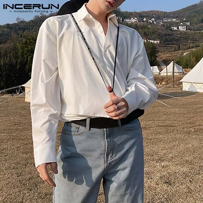 

Топы INCERUN 2021, повседневная подходящая ко всему рубашка с имитацией двух частей с длинным рукавом, новая мужская блузка с свободным рукавом, м...