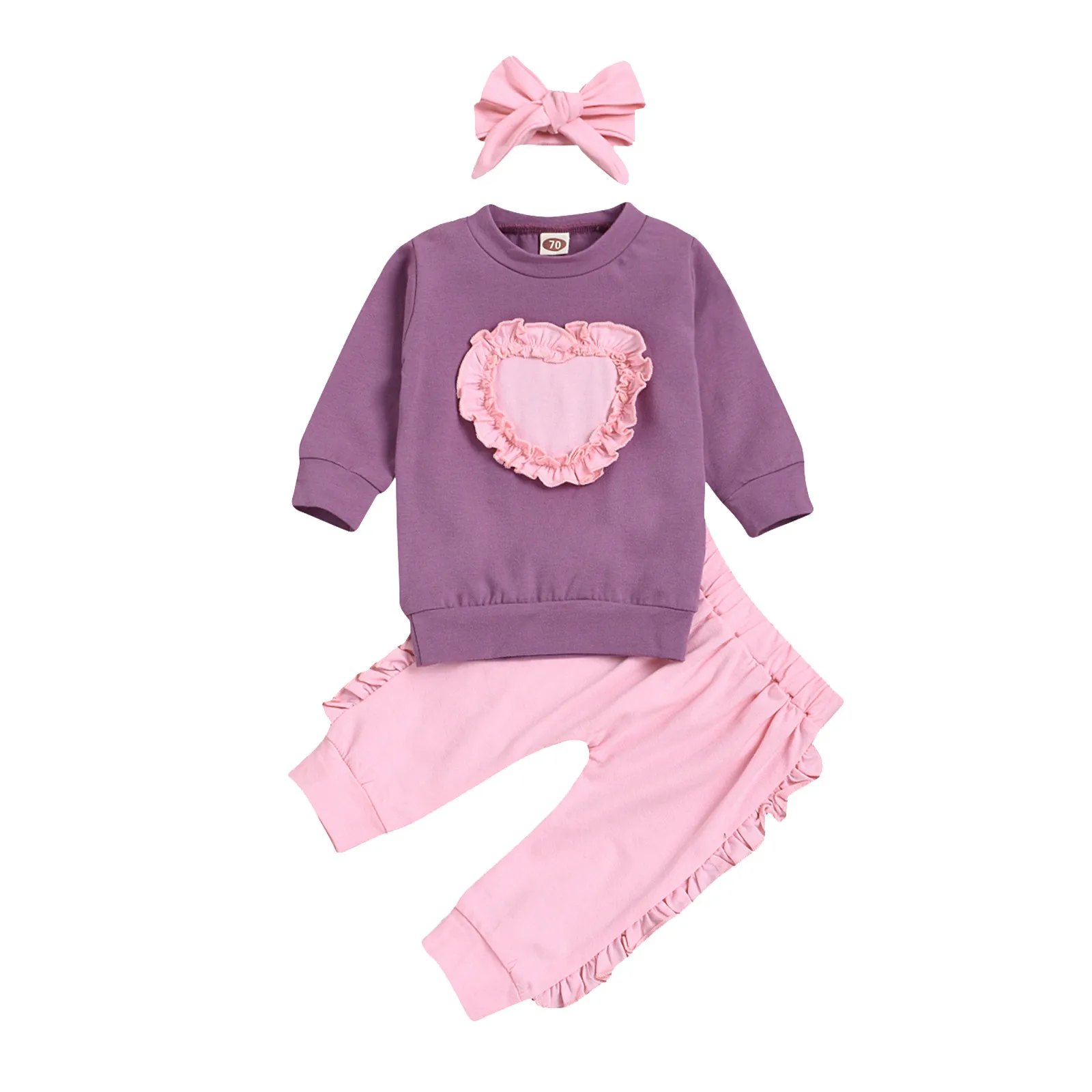 

6-24Months Girls Love Element Set Newborn Baby Girl Lace Ruffle Heart Pullover Top+Pants+Headband Set 6*