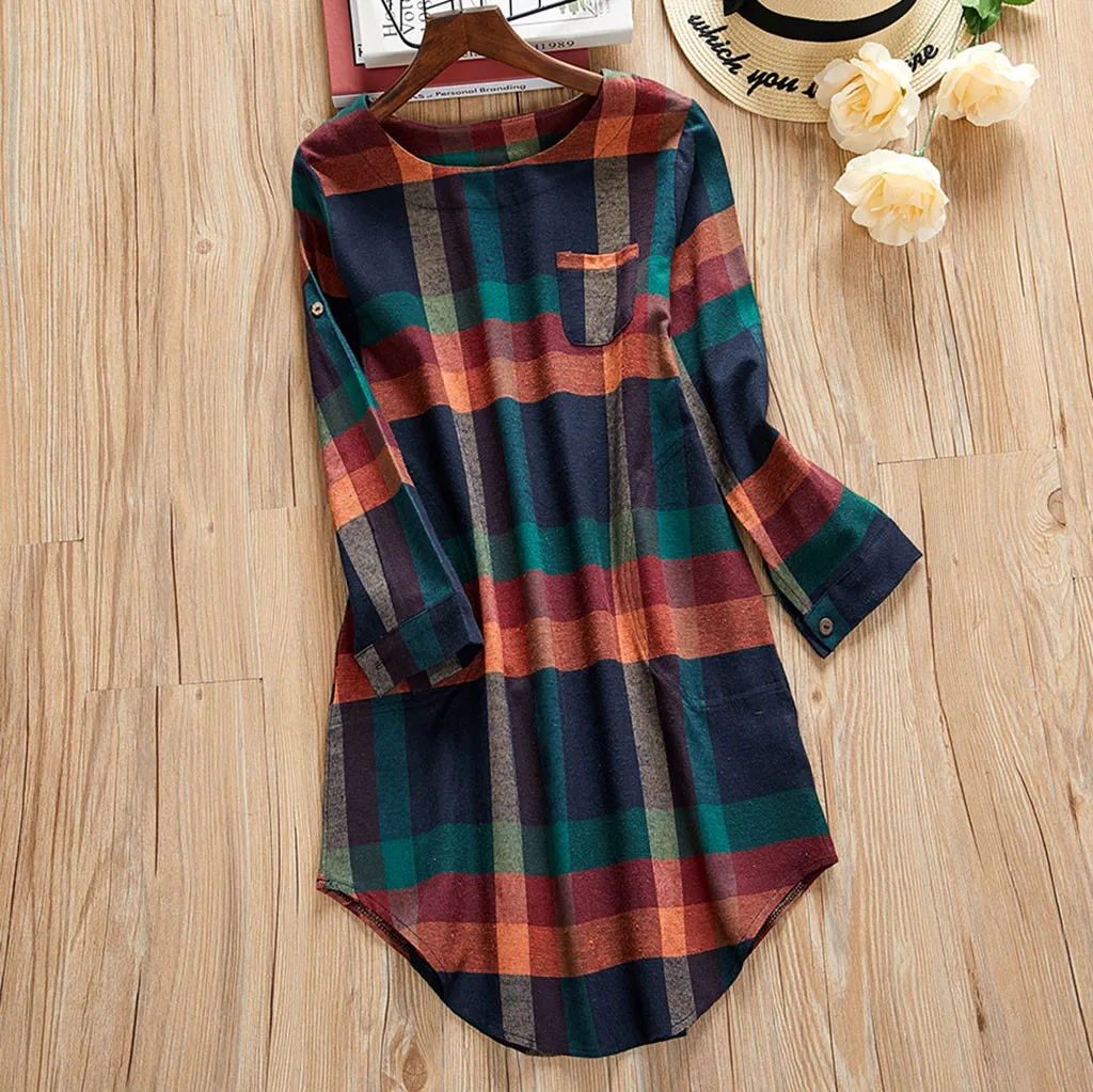 Повседневное платье женское клетчатое рубашка с длинным рукавом женские платья