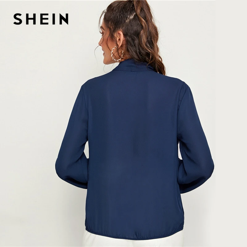 Женская офисная блузка SHEIN темно синяя с v образным вырезом и рукавами фонариками